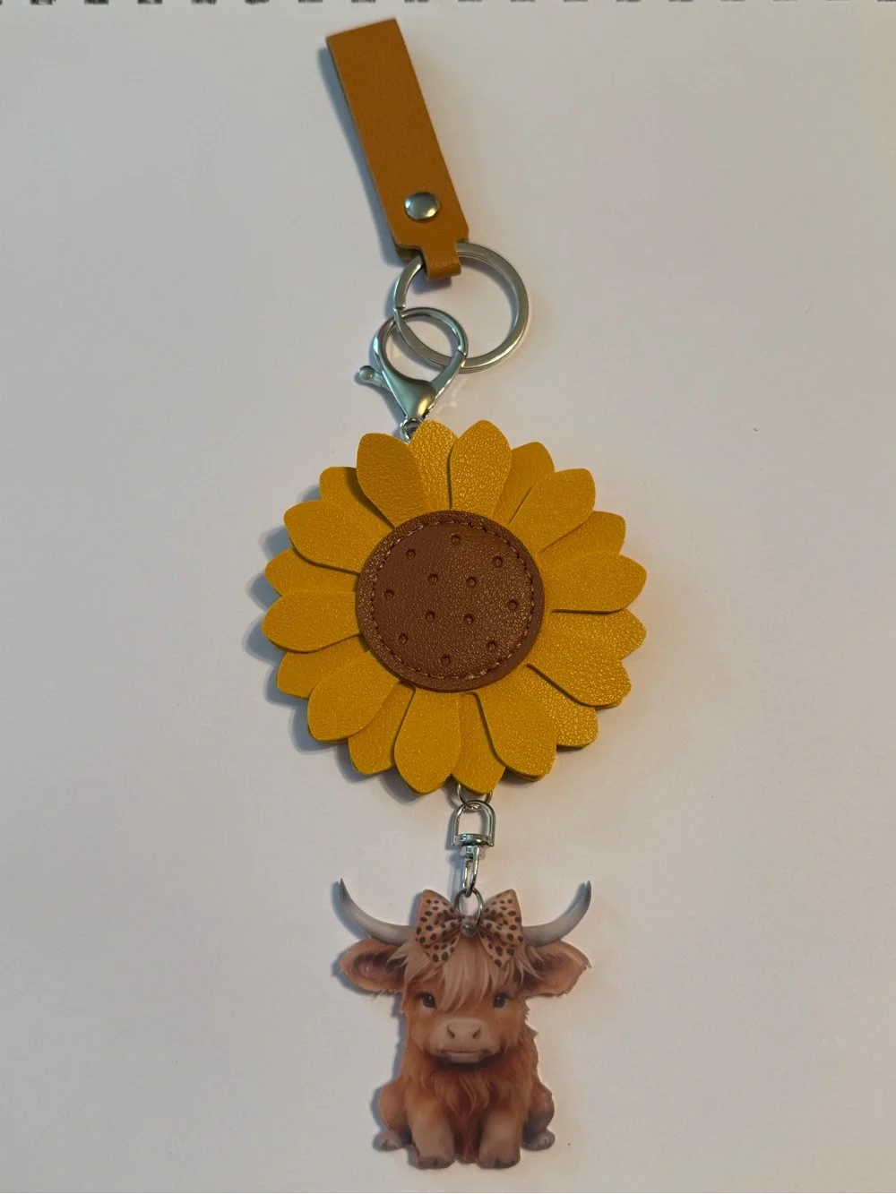 Boho Sunflower Highland Cow Keychain